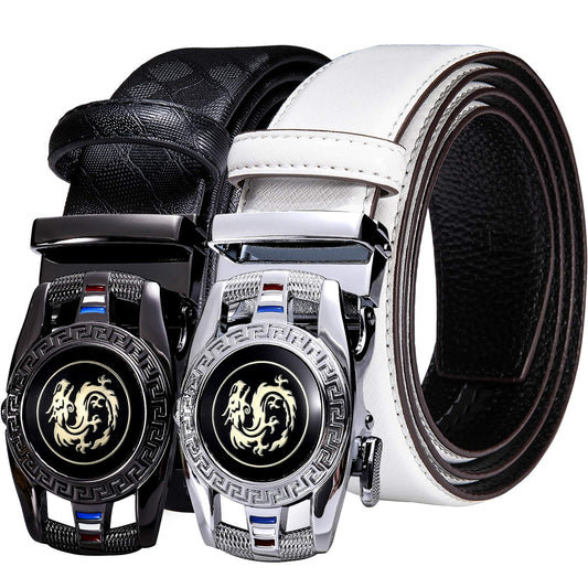 Barry.Wang Mens Ratchet Belt 2 Pack Buckle Gift Set Black Belts Leather Slide White Dragon Strap Adjustable 1 3/8" Wedding Business
