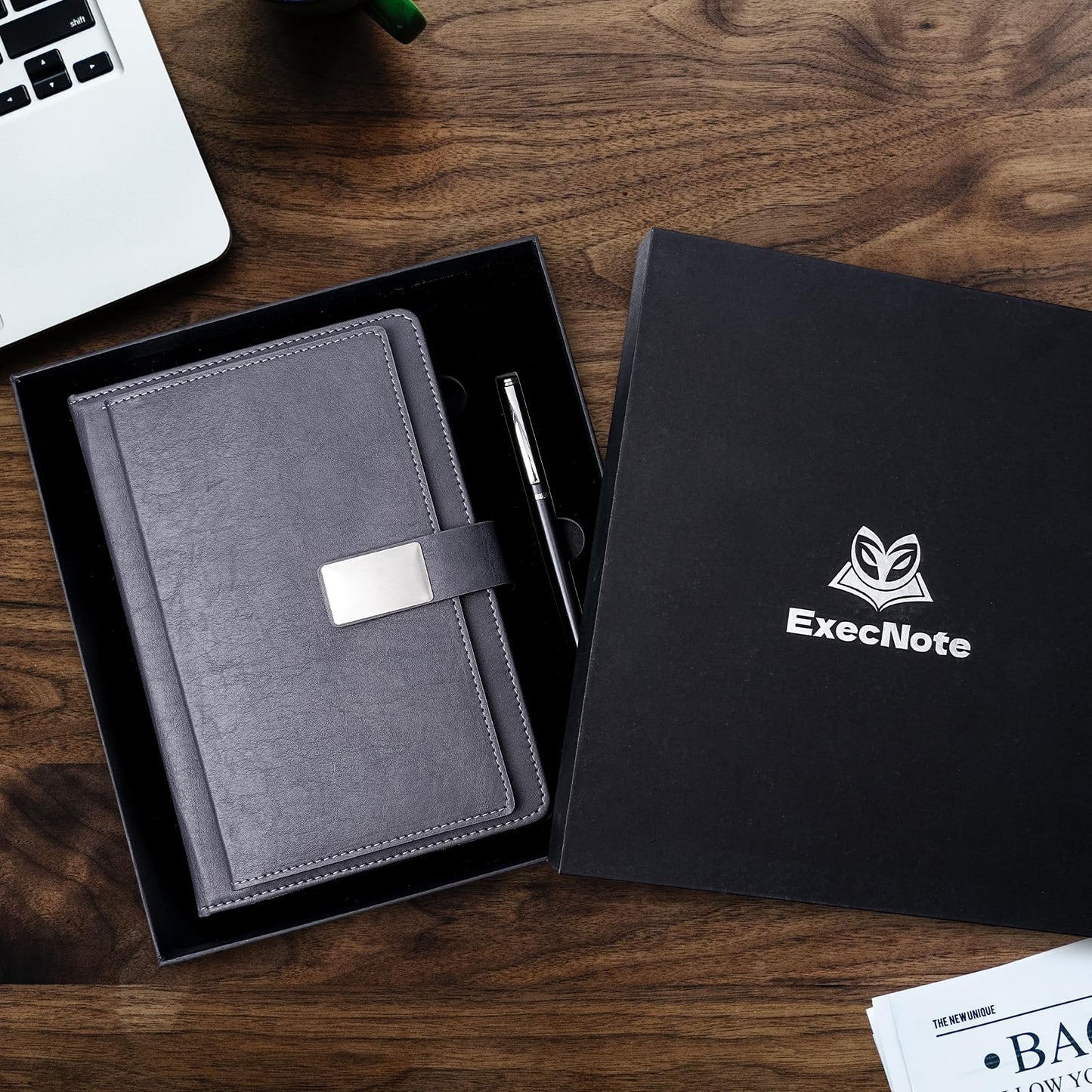 Executive Lined Journal Notebook, 256 Pages, College Ruled, A5 Hard Cover Leather, Pen included, with Notes Pocket; Journaling Notebooks for Work, Notes Taking, Personalized Gifts, Gray