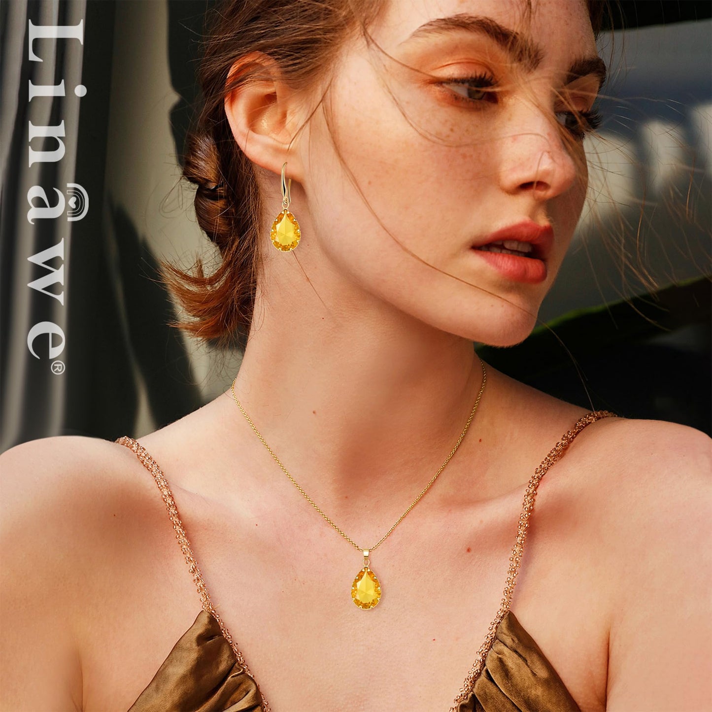 Linawe Yellow Jewelry Sets for Women, KC Imitation Gold Plated Pendant Necklace and Earrings Set, Imitation Diamond Fake Birthstone Crystal Rhinestone Teardrop Costume Jewelry for Women Sets