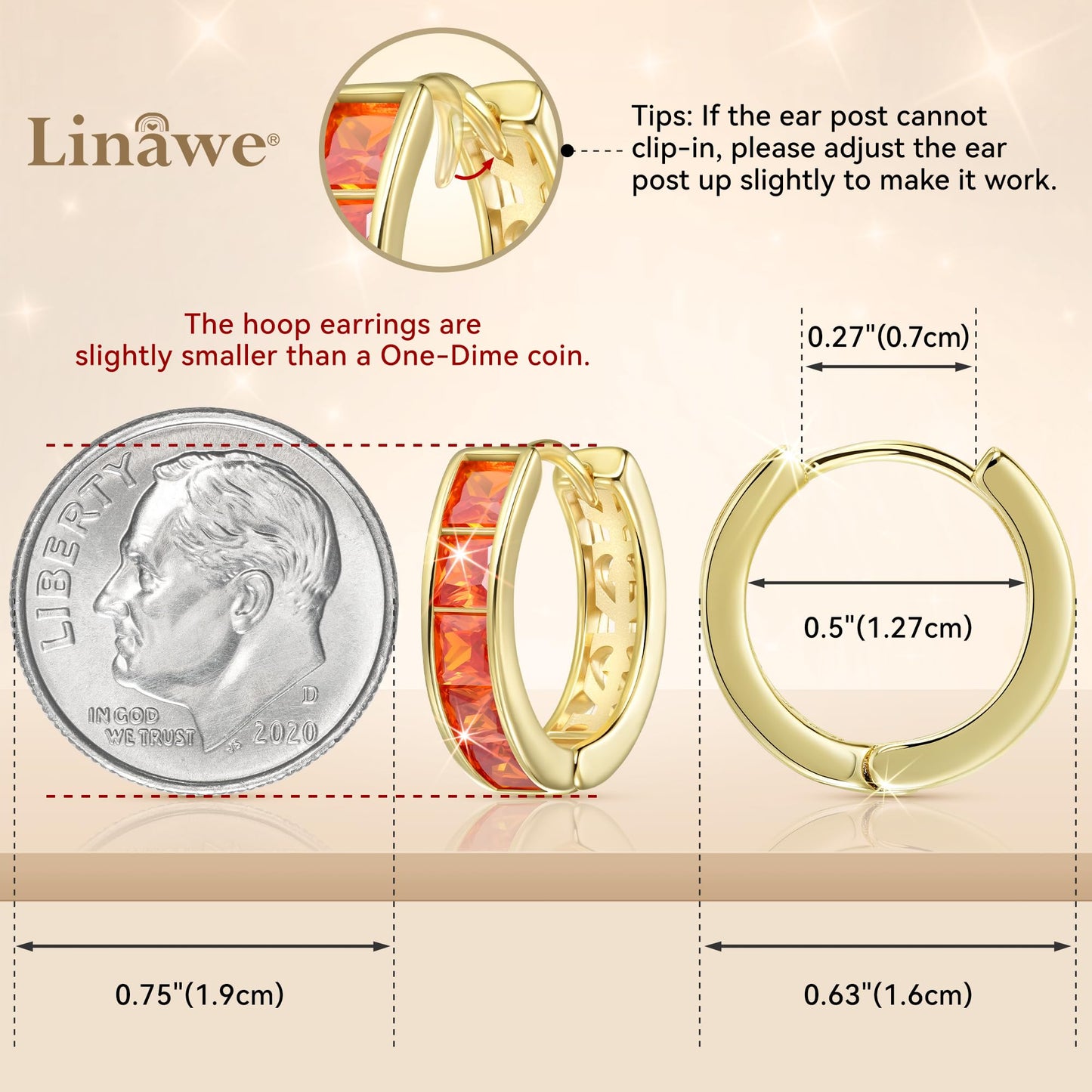 Linawe Gold Hoop Huggie Earrings for Women, Orange Cubic Zirconia Imitation Diamond Rhinestone Crystal Stud Earrings, Cartilage Helix Tragus Piercing Jewelry, Cute Dainty Small Hoops
