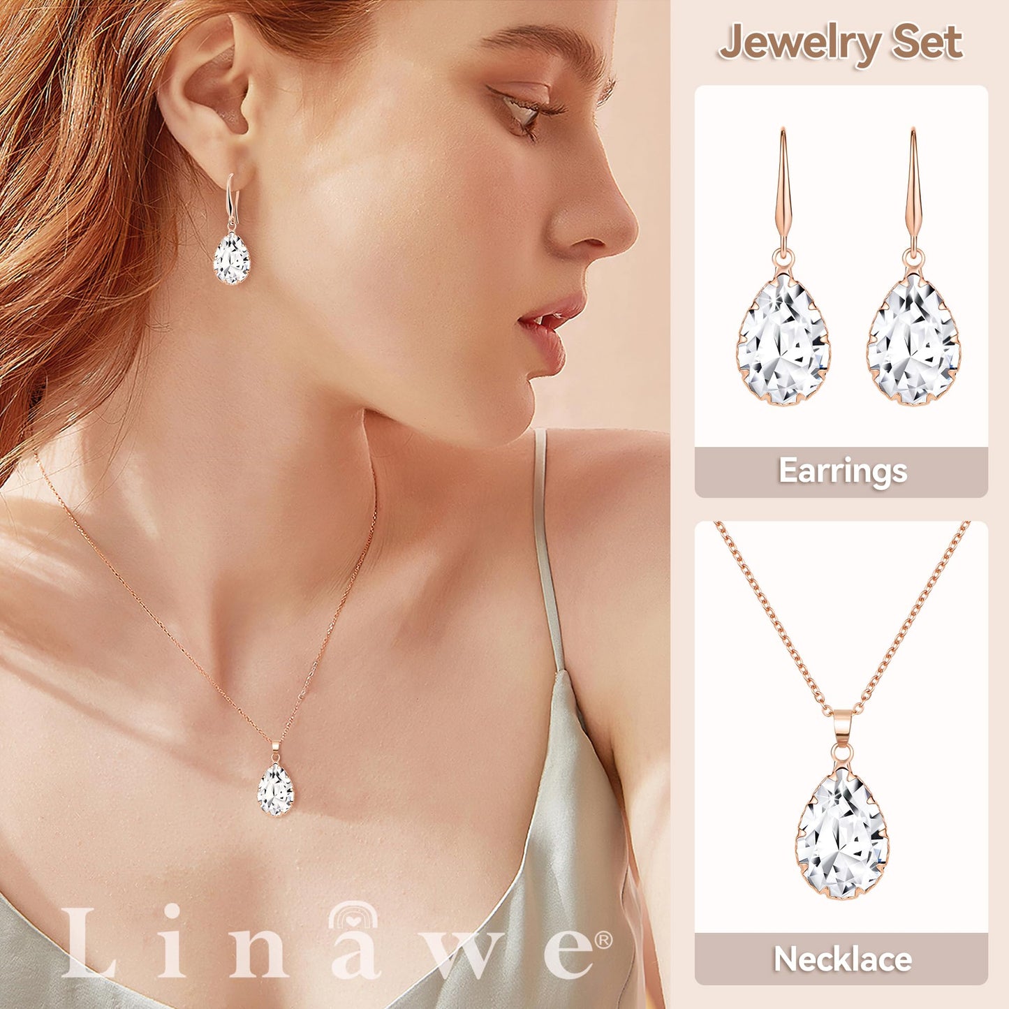 Linawe Rose Gold Wedding Jewelry Sets for Brides Bridesmaid, Crystal Imitation Diamond Pendant Necklace Set, Rhinestone Drop Dangle Earring Set, Cubic Zirconia Birthstone Teardrop Matching Jewelry
