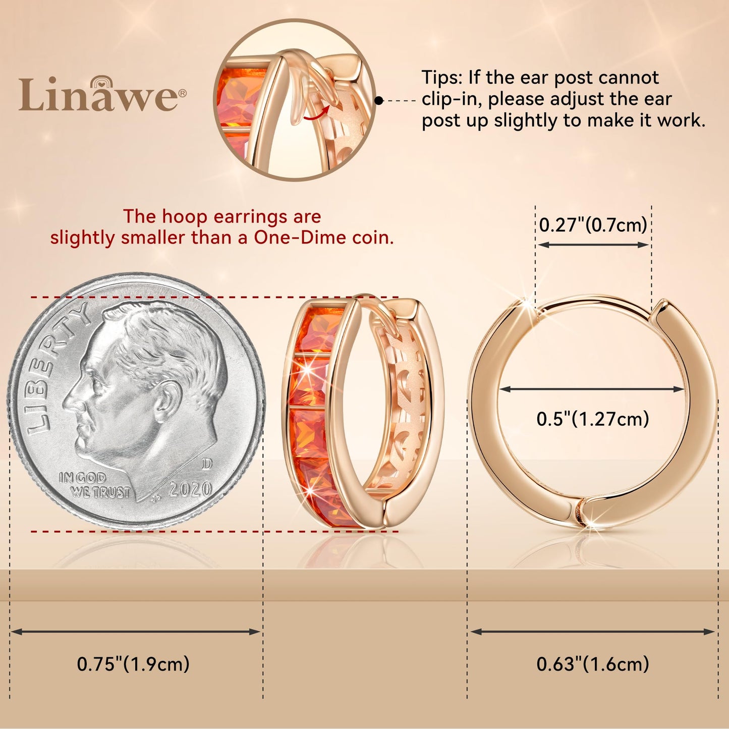 Linawe Hoop Huggie Earrings for Women, Rose Gold Cartilage Helix Tragus Piercing Jewelry, Orange Cubic Zirconia Imitation Diamond Rhinestone Crystal Stud Earrings Dainty Small Hoops