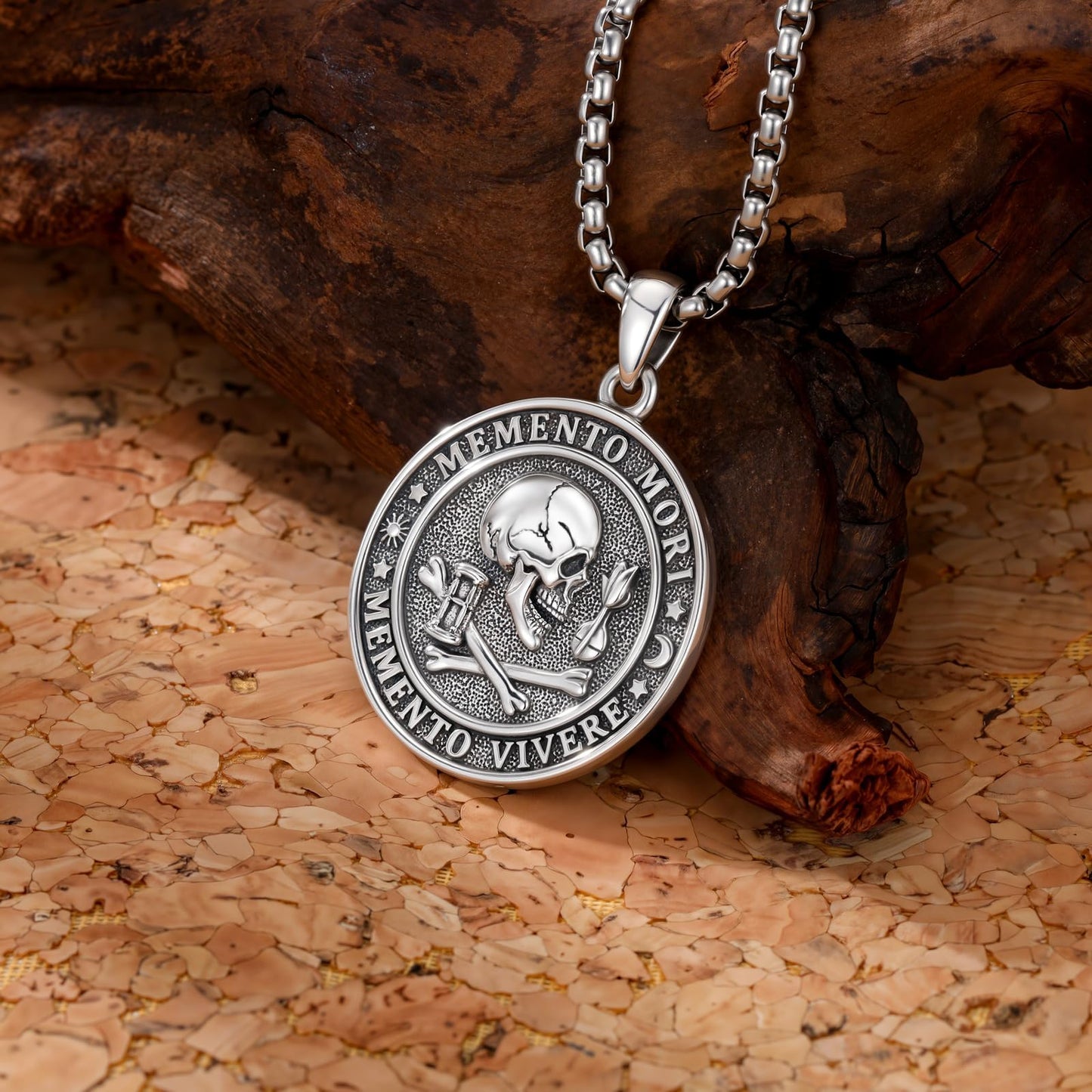 POIUY Memento Mori Necklace for Men Gothic Skull Pendant Stoicism Mori Jewelry Tree of Life Amulet Protection Gifts for Men Women 22+2 Inch Chain