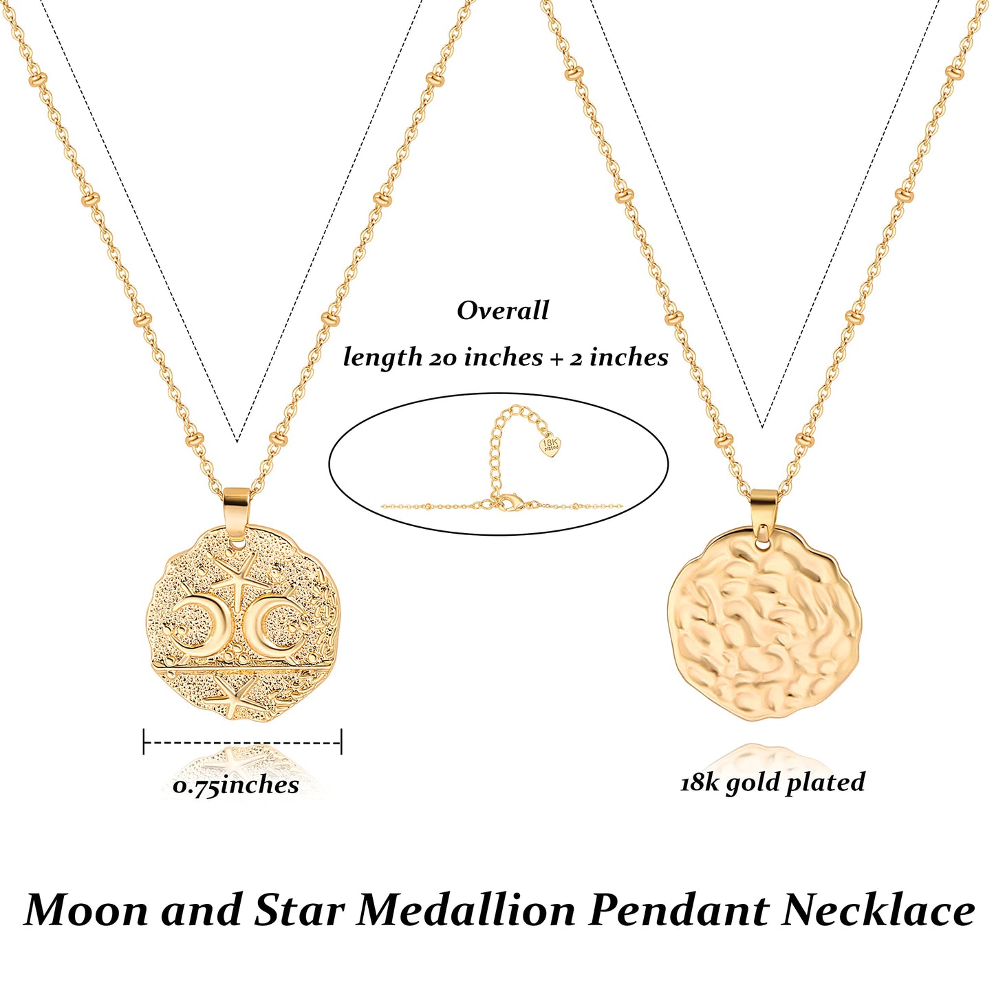 CANEVINKA 18K Gold Plated Moon and Star Medallion Beach Starfish Pendant Necklace for Women Dainty Hammered Coin Bead Chain Necklace 20”