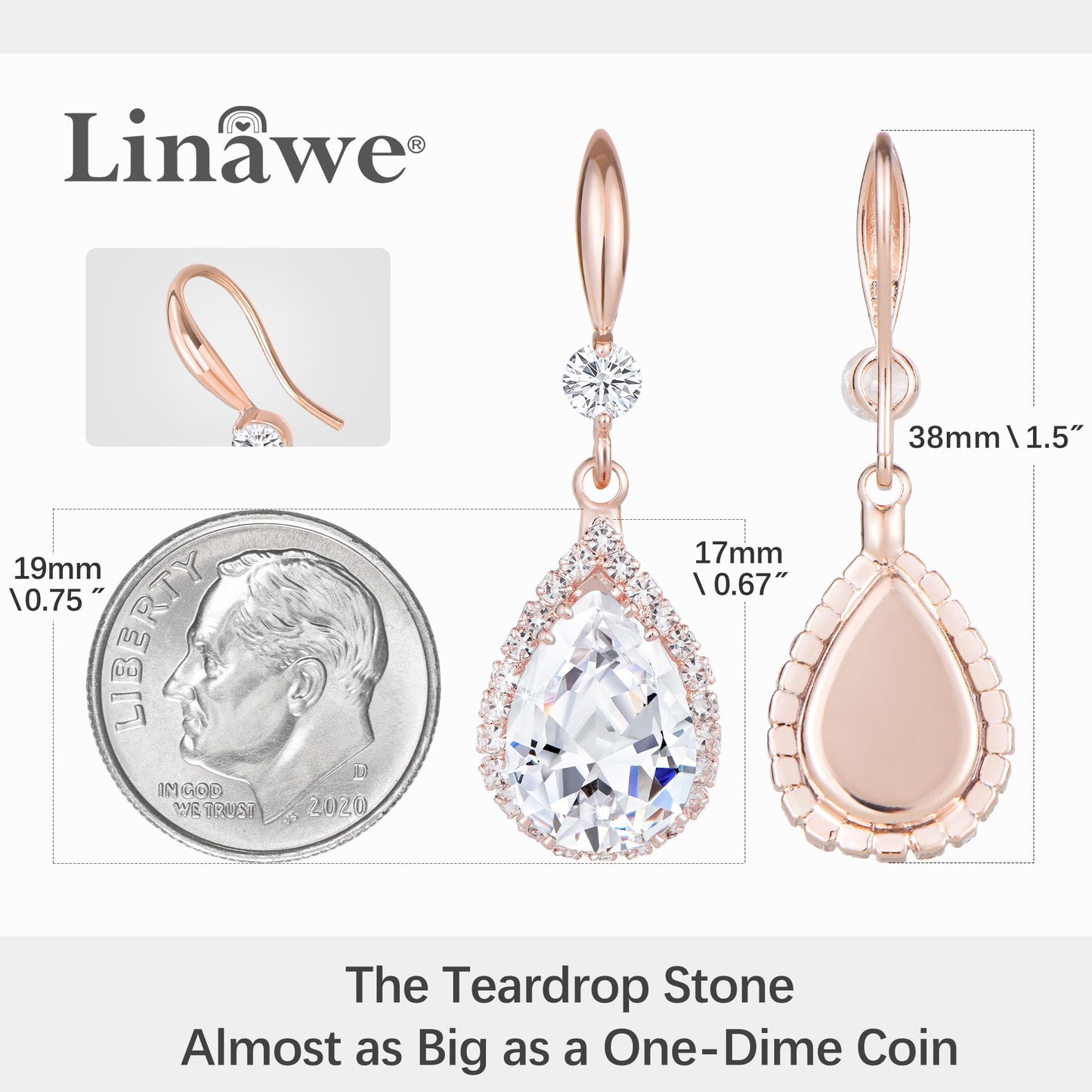 Linawe Wedding Earrings Rose Gold, Imitation Diamond Dangle Rhinestone Drop Earrings for Women Trendy, Cubic Zirconia Chandelier Earrings Crystal Teardrop Jewelry Set
