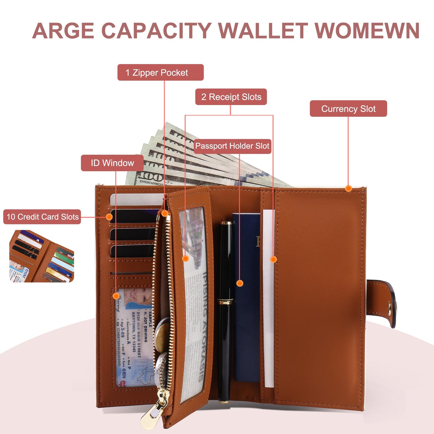 yiijay Women's Wallets RFID Blocking Leather Trifold Clutch Wallet Credit Card Holder Ladies Travel Wallet Purse with Pen Holder