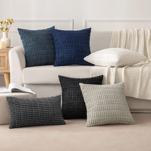 MIULEE Corduroy Decorative Throw Pillow Covers - Soft Boho Striped Design | 20x20 Inch Dark Blue for Modern Farmhouse Decor