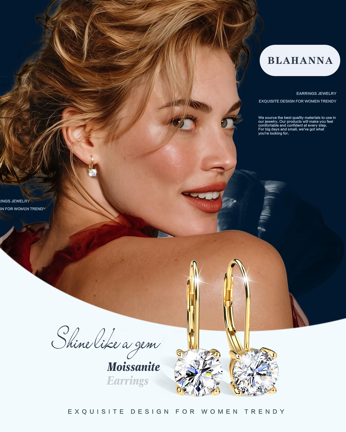 Blahanna Moissanite Earrings,1.0ct-2.0ct D Color Brilliant Round Cut Earrings S925 Sterling Silver Dangle Earrings Moissanite Leverback Drop Earring gold 6.5mm