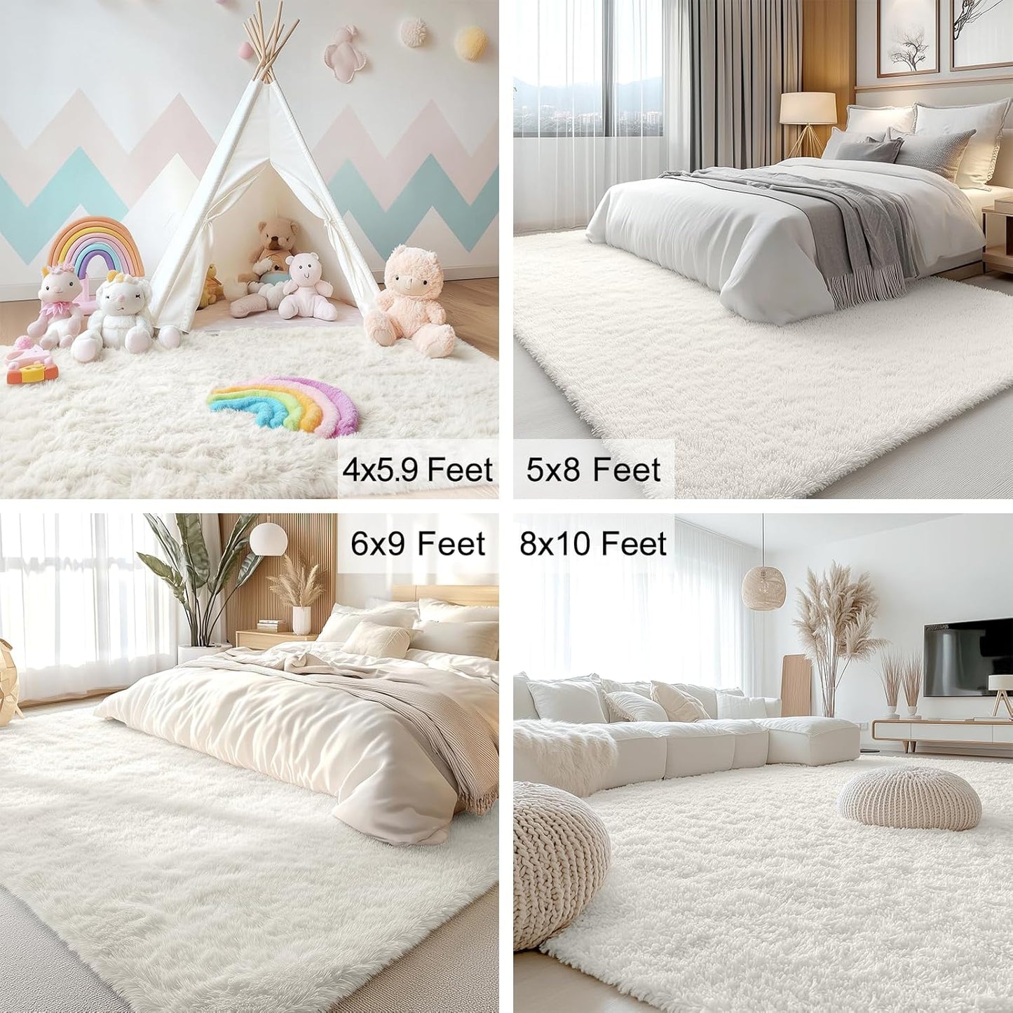OLANLY 6x6 Area Rug - Soft, Fluffy Shaggy Carpet for Living Room & Bedroom | Machine Washable, Ivory