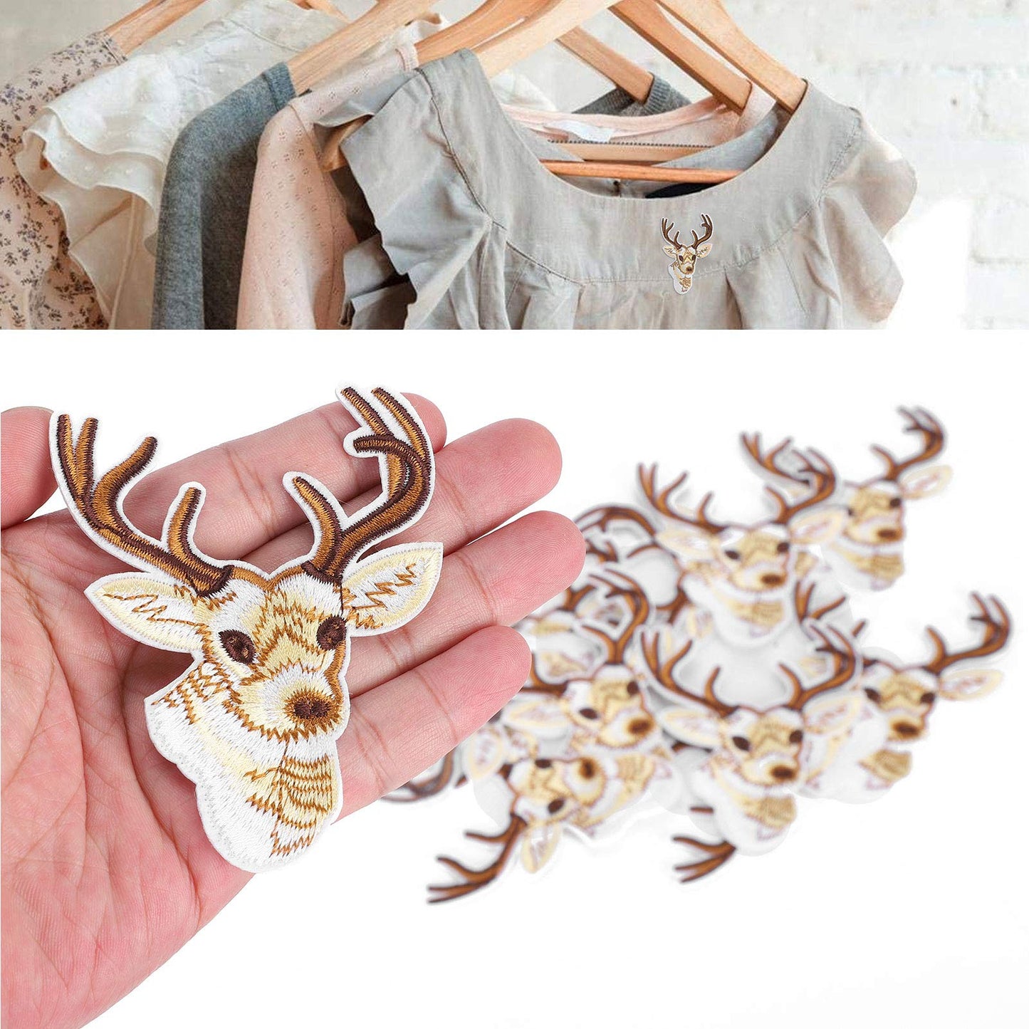 Fdit 12Pcs Delicate Sika Deer Head Patches Embroidered Cute Aesthetic Deer Embroidery Patches Iron on Patch Sew On Applique Patch Custom Backpack Patches for DIY Clothing Luggage
