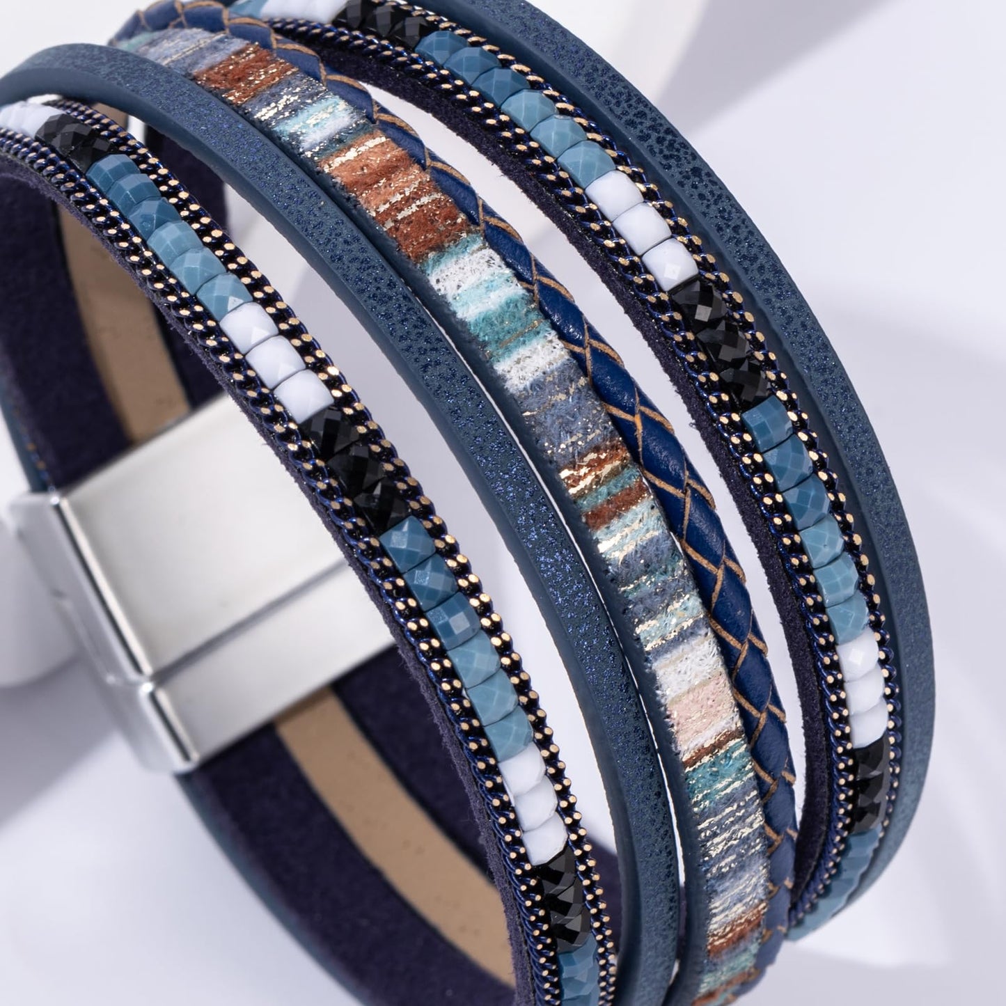 Becklynn Boho Leather Wrap Bracelets Beaded Crystal Stackable Cuff Bracelet with Magnetic Clasp Cowboy Cowgirl County Concert Outfits Western Jewelry Gifts for Women(Double Layer Navy)