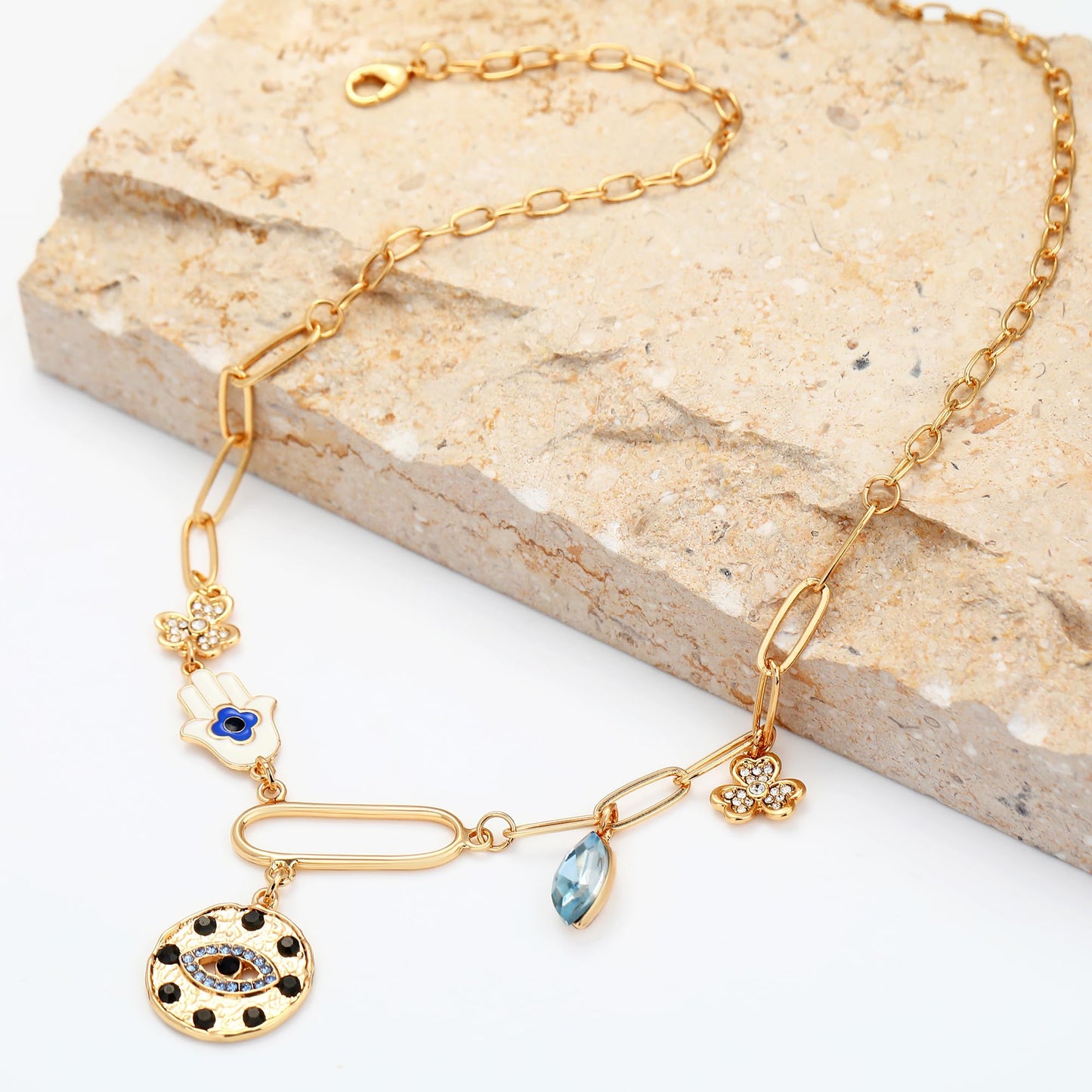 MISS RIGHT Charm Necklace for Women Dainty Gold Evil Eye Hamsa Hand Coin Lucky Pendant Vintage Paperclip Chain Clover Flower Chunky Charm Necklace Jewelry Gifts CLOVER