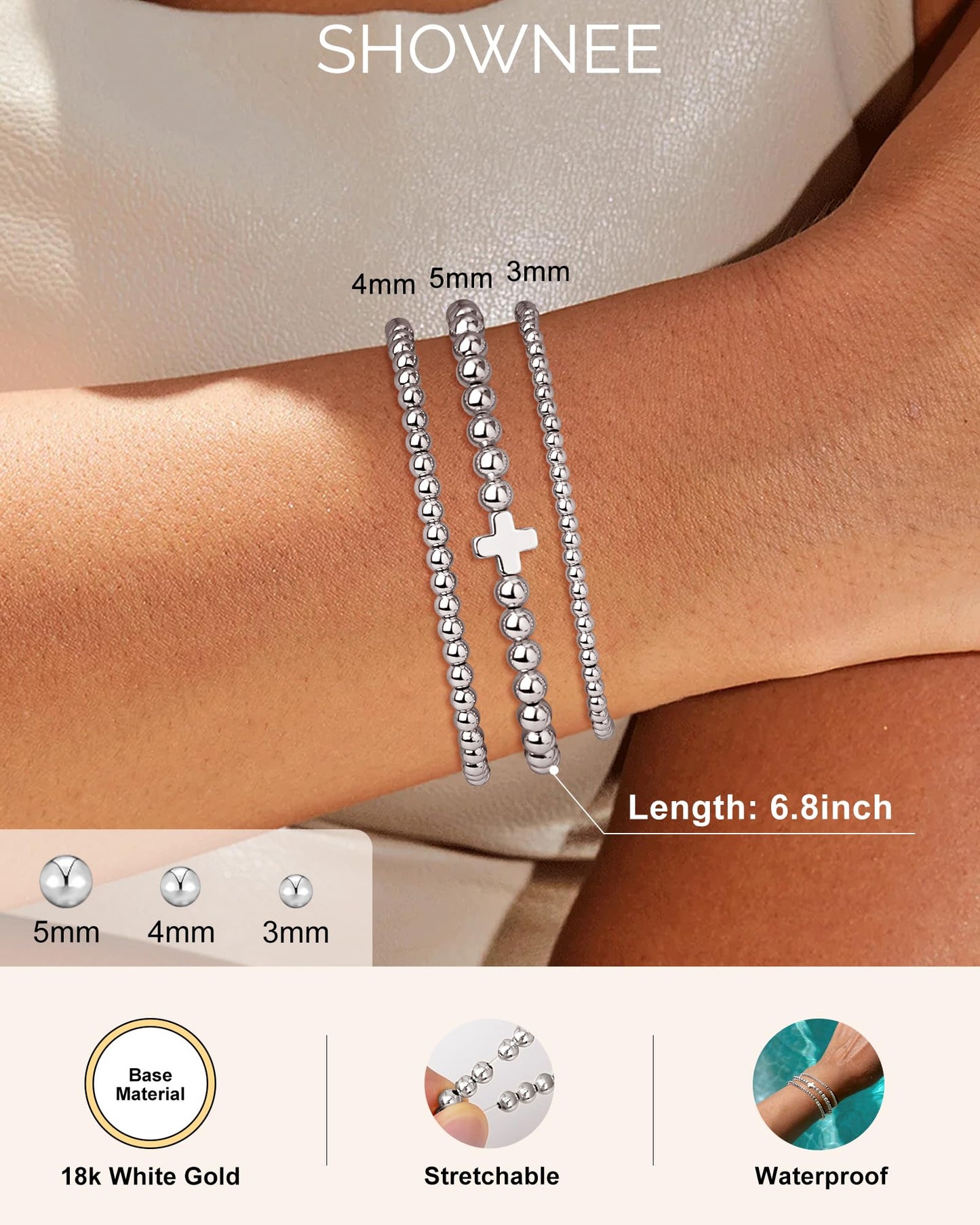 shownee Sliver Bracelets for Women - 18K Gold Beaded Bracelets Stack Strand Bead Ball Bracelet No Tarnish Stackable Jewelry Set for Mother's Day Birthday Graduation Gift 6.8 inch Small