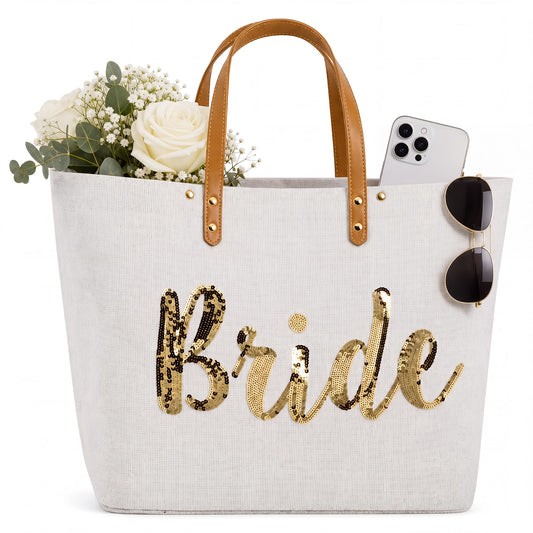 Mud Pie Bride Tote Bag, Bridal Shower Gift with Gold Sequin Script, Bridal Bag With Vegan Leather Handles