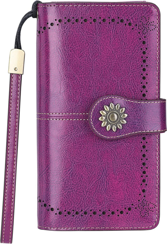 Lavemi Womens Large Capacity Genuine Leather RFID Blocking Wallets Wristlet Clutch Card Holder(Dark Purple)