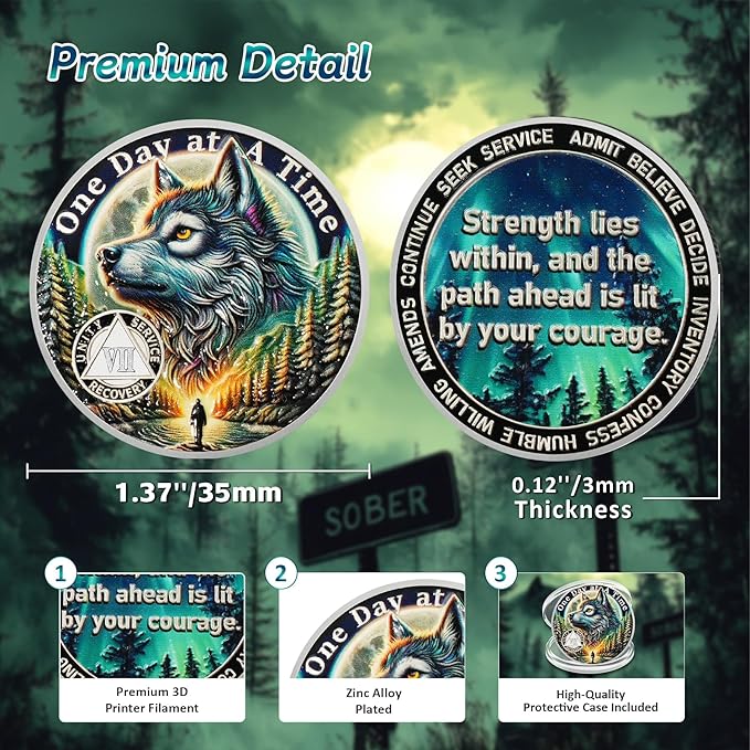 One Day at a Time 7 Year Sobriety Coin - Recovery Aurora Forest Wolf AA Coins - Addiction NA AA Chips and Medallions - Celebrate 1-20 Living Clean Narcotics Alcoholics Anonymous Gifts for Men Women