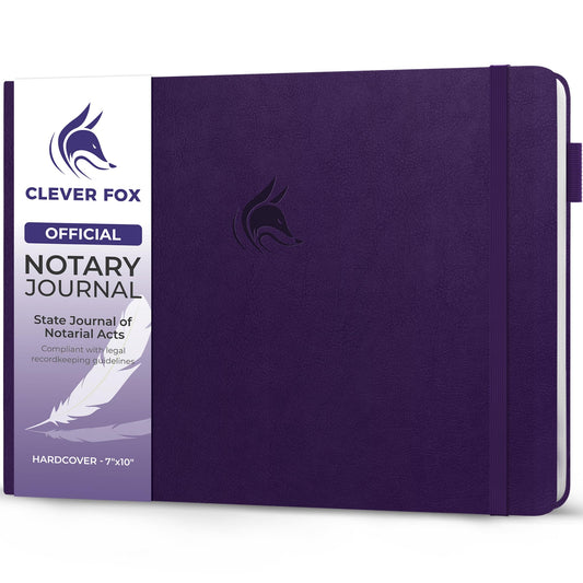 Clever Fox Notary Journal – Horizontal Notary Public Journal of Notarial Acts – Hardcover Notary Log Book – Notary Supplies – 378 Record Entries, Numbered Pages, Hardcover, 10”x7” (Purple)