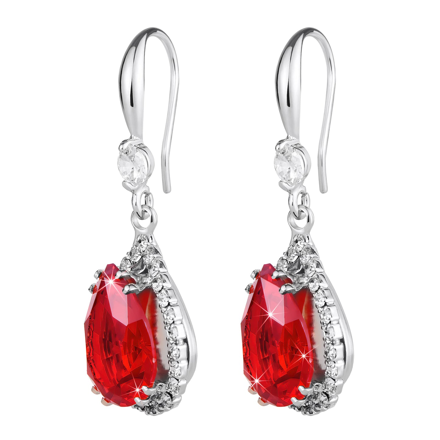 Linawe Silver Red Dangle Earrings for Women Trendy, Imitation Diamond Drop Teardrop Ruby Crystal Rhinestone Cubic Zirconia Wedding Earrings, Bride Bridesmaids Jewelry Set