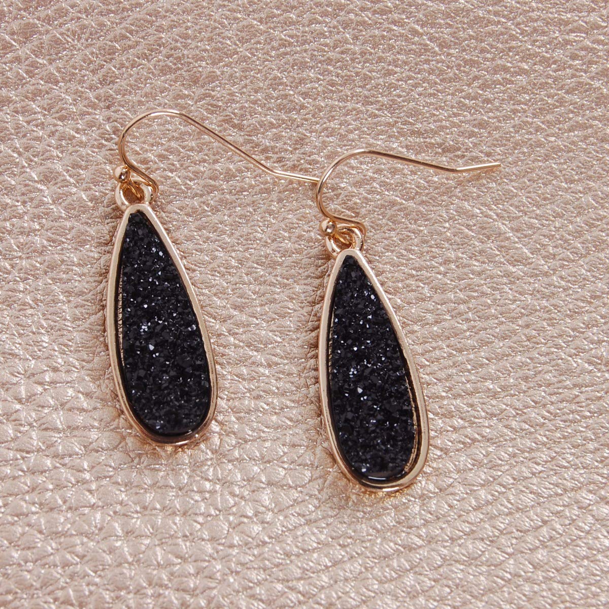 Simulated Druzy Drop Dangles - Sparkly Long Teardrop Dangly Earrings for Women, Gold Tone - Black Stone