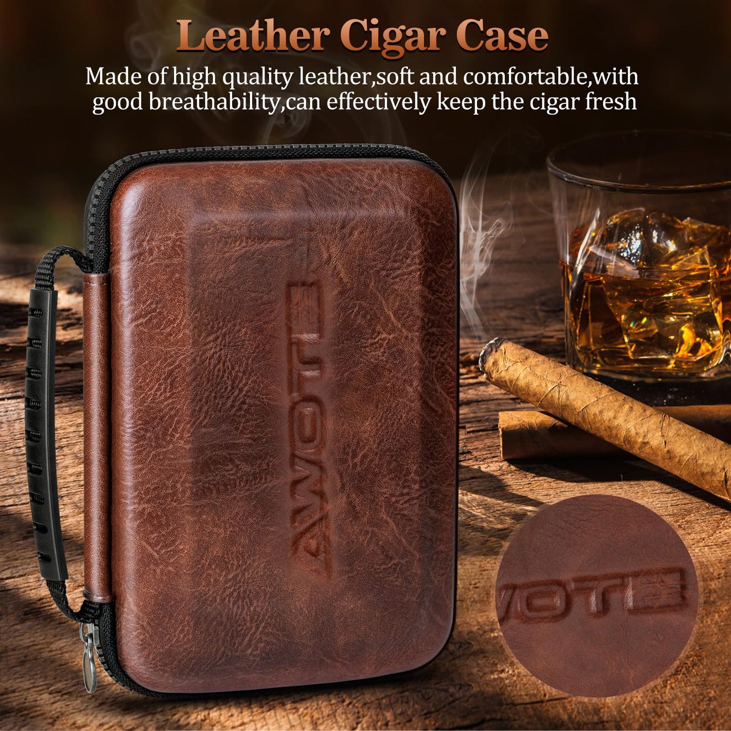 AWOTE Travel Leather Cigar Case with Cigar Torch Lighter, Cigar Bag with 4 Cigar Tubes, Include Cigar Accessories