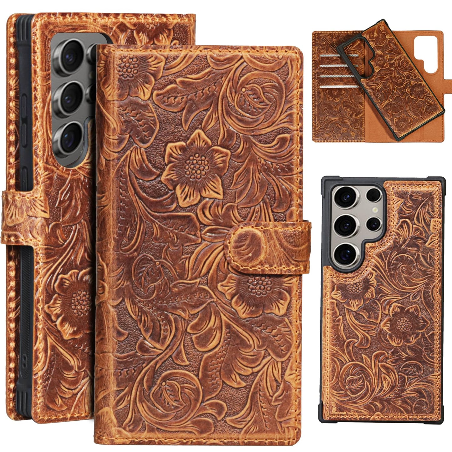 RMAWRAD Leather Case Wallet Compatible with Samsung Galaxy S23 Ultra,Genuine Leather2-in-1Magnetic Detachable Shockproof,Flip Folio Cover with Card Slot, RFID Blocking Brown