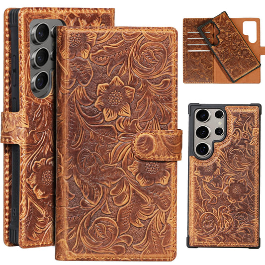 RMAWRAD Leather Case Wallet Compatible with Samsung Galaxy S23 Ultra,Genuine Leather2-in-1Magnetic Detachable Shockproof,Flip Folio Cover with Card Slot, RFID Blocking Brown