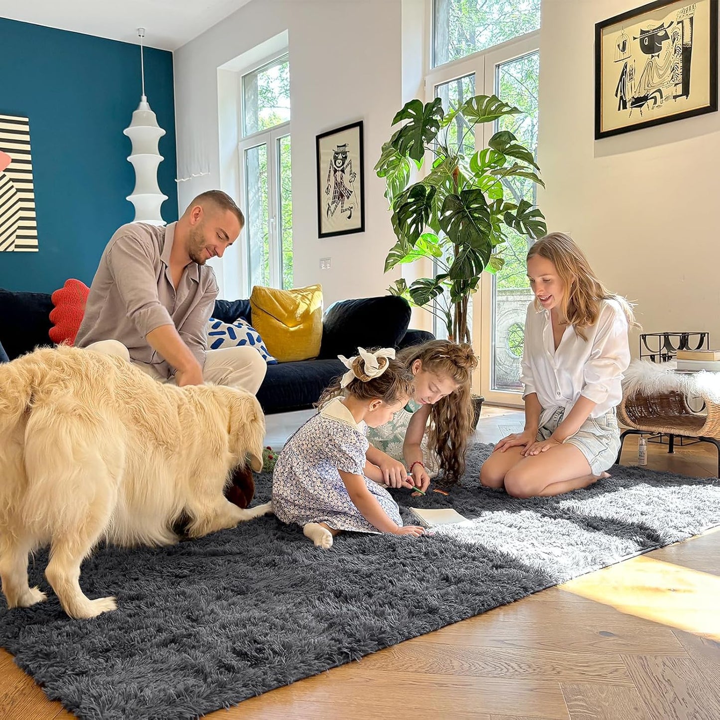 OLANLY 5x5 Area Rug - Soft, Fluffy Shaggy Design for Living Room & Bedroom | Machine Washable Grey Carpet