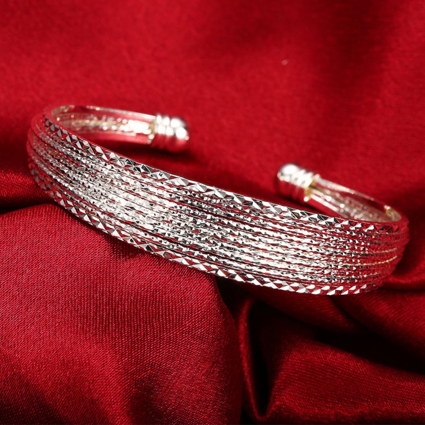 Shiny Wide Cuff Bracelets for Women 925 Sterling Silver Open Adjustable Bangles Handmade Multi-line Stack Bracelet Minimalist Silver Cuff Bracelet Teen Girls Fashion Women Jewelry gift for Lover wife