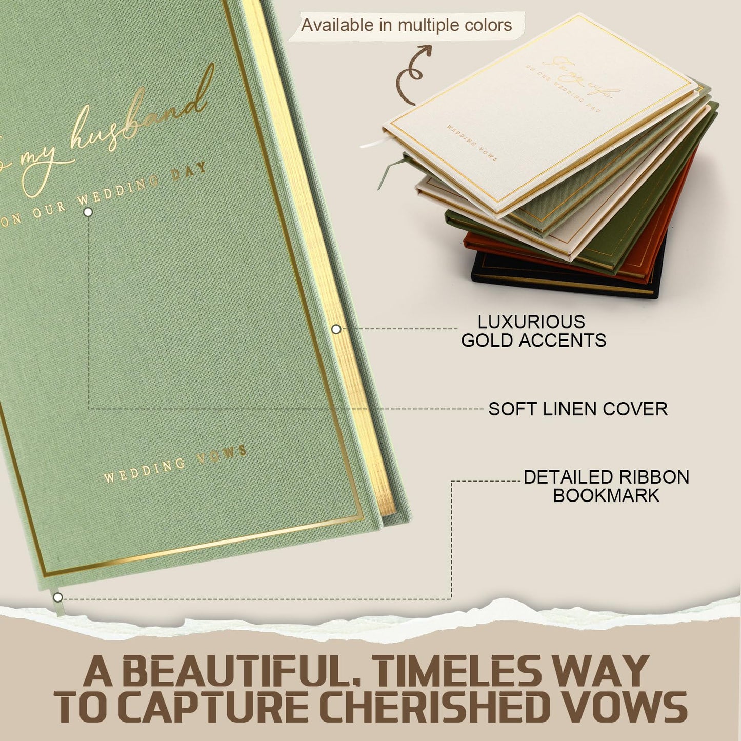 Engrowtic 2 Pcs Premium Wedding Vow Books His and Her Husband Wife Wedding Must Have Registry Ideas Canvas Linen Cover Gold Foil Lettering Lined Page Gift for Newly Engaged Couple(Light Green-White)