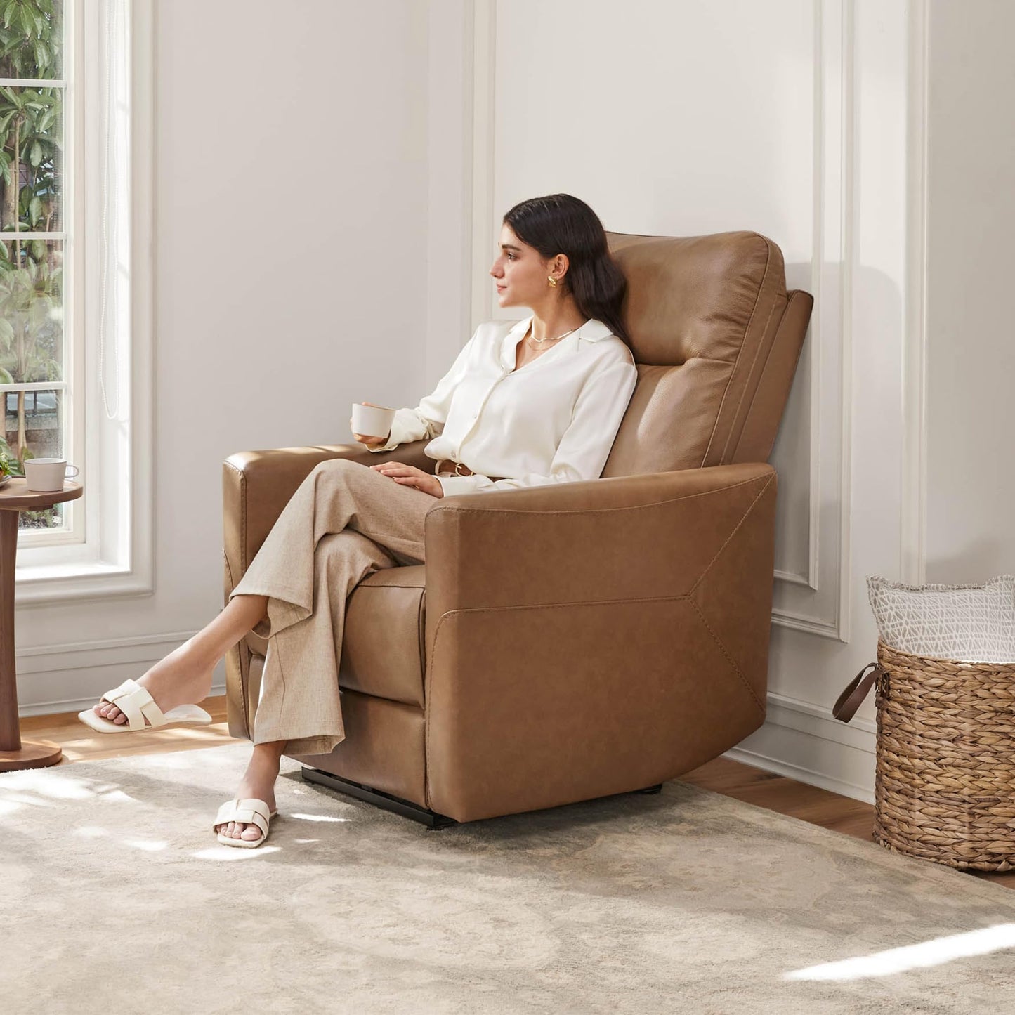 CHITA Genuine Leather Power Recliner Chair for Adults, Electric Wall Hugger Recliner for Small Spaces, Modern Living Room and RV Recliner Chair with Adjustable Power Headrest & Charging Ports, Brown