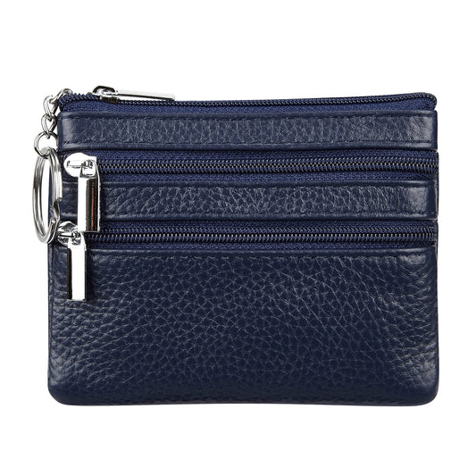 Women's Genuine Leather Coin Purse Mini Pouch Change Wallet with Keychain, navyblue