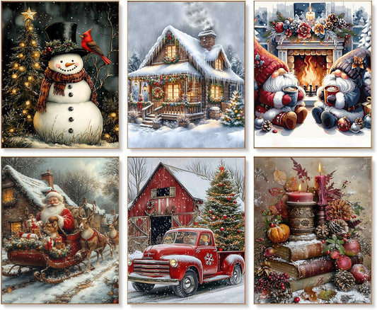Clendo 6 Pack Christmas 5D Diamond Art Painting Kits for Adults, Winter Diamond Painting Kits for Beginners,Full Drill Vintage Diamonds Dots,Gem Art Crafts for Adults Wall Decor 12x16inch