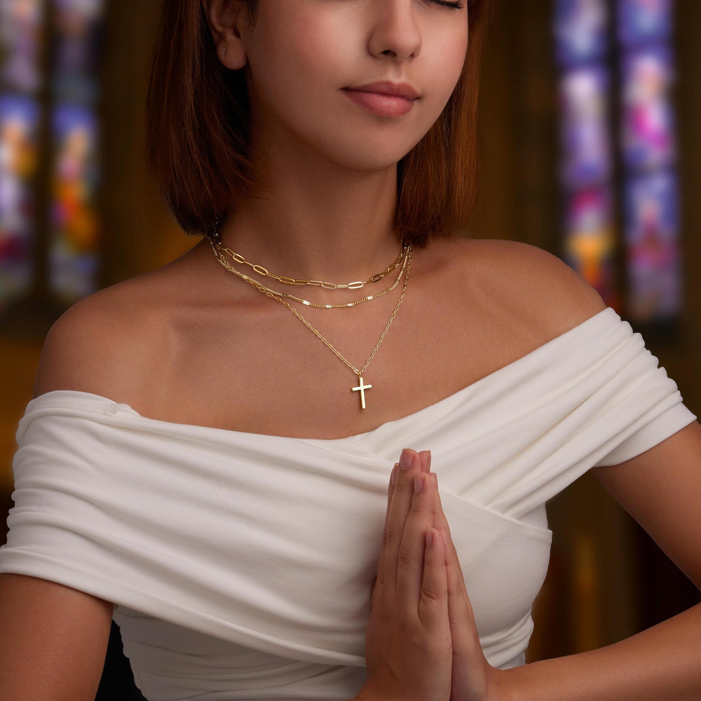 Layered Gold Cross Necklaces for Women,14k Gold Plated Dainty Stackable Choker Paperclip Necklaces for Women,Trendy Layering Thin Cross Pendant Chain Necklace Set Jewelry Gifts for Women