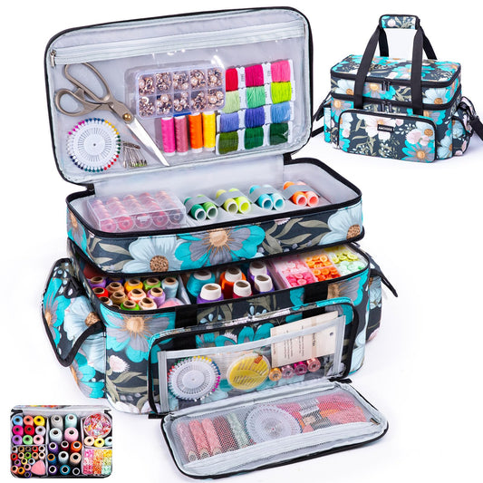AMOIGEE Large 15" Double-Layer Sewing Storage Bag with Detachable Diviers – Large Sewing Organizer with Shoulder Strap, Elastic Loops for Sewing Supplies, Tools & Accessories
