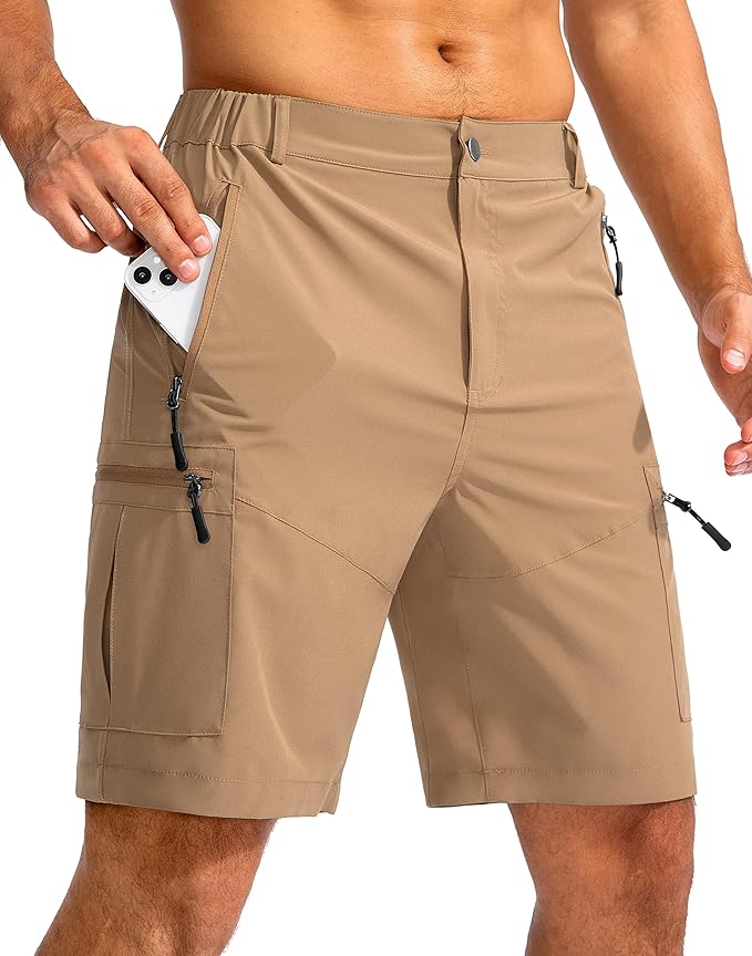 Pudolla Men's Hiking Cargo Shorts 9" Lightweight Outdoor Work Shorts for Men Travel Golf Camping Casual with 5 Zipper Pockets