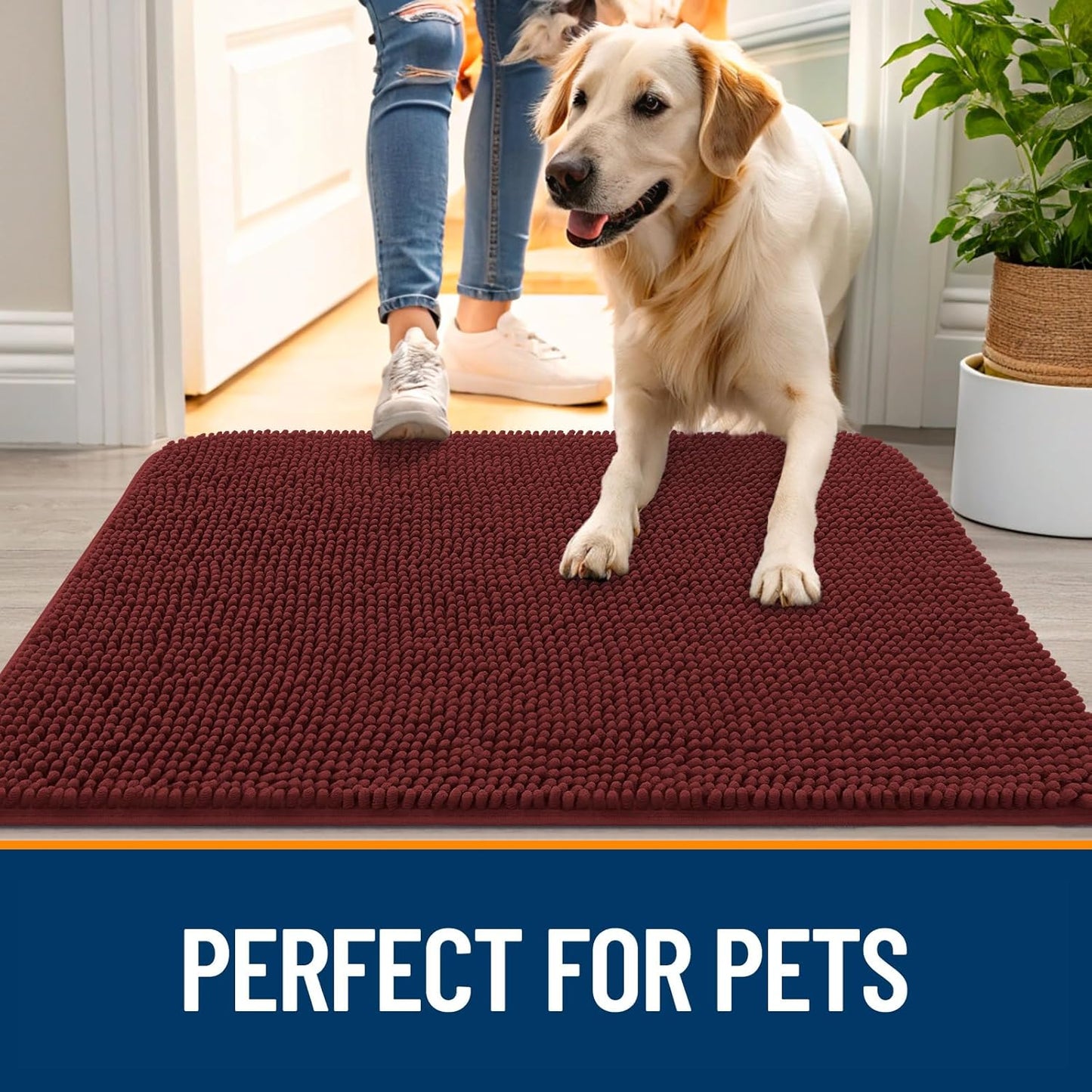 OLANLY Dog Door Mat - Absorbent Non-Slip Washable Doormat for Muddy Paws | 45x27, Quick Dry Chenille, Caramel Russet