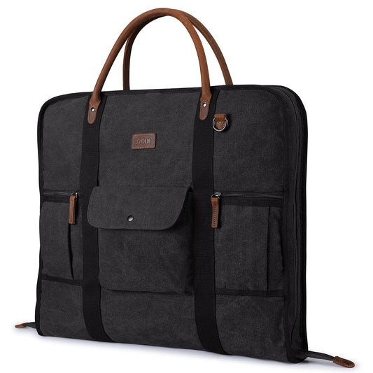 S-ZONE Carry On Garment Bag for Business Travel Canvas Leather Men Women Suit Cover, Black-l, L, Modern