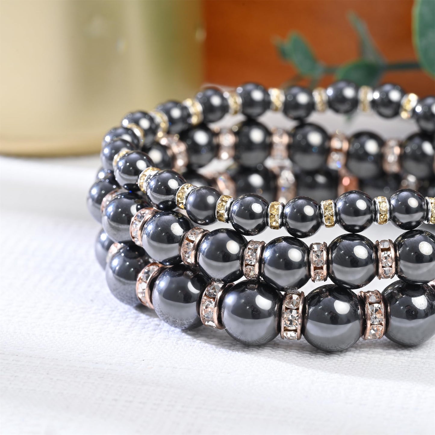 Apocalyptic-K Women's Magnetic Bracelet，Hematite Bracelets，Magnetic Bracelets With Zirconia,Handmade Stretch Bracelet，Eliminates static electricity. (Rose Gold Zirconia,8MM)