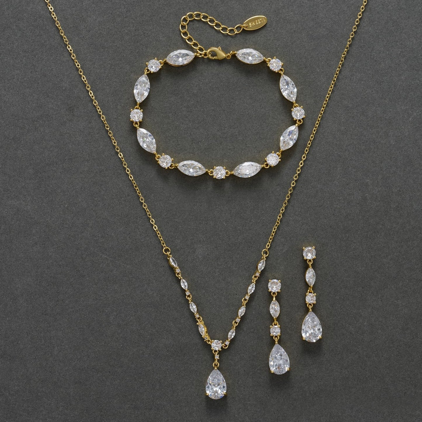 SWEETV Gold Bridal Jewelry Set for Wedding, Cubic Zirconia Necklace Dangle Drop Earrings Bracelet Set, Teardrop Marquise Brides Bridesmaids Wedding Prom Anniversary Jewelry Gifts for Women