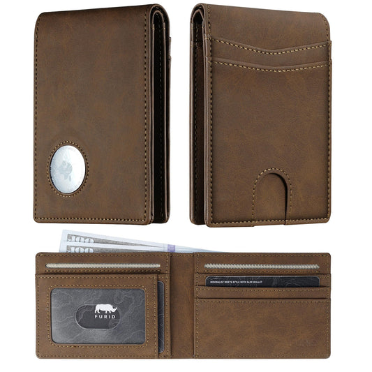furid Leather Wallet Compatible with Airtag: Slim Air Tag Wallet for Men RFID Blocking, Bifold, Front Pocket, Minimalist Card Holder