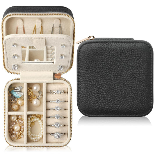 NGVRC Genuine Leather Travel Jewelry Case Organizer with Mirror for Women, Small Jewelry Box Portable Mini Jewelry Case for Earring, Ring, Necklace, Bracelet（Lychee Grain Black）