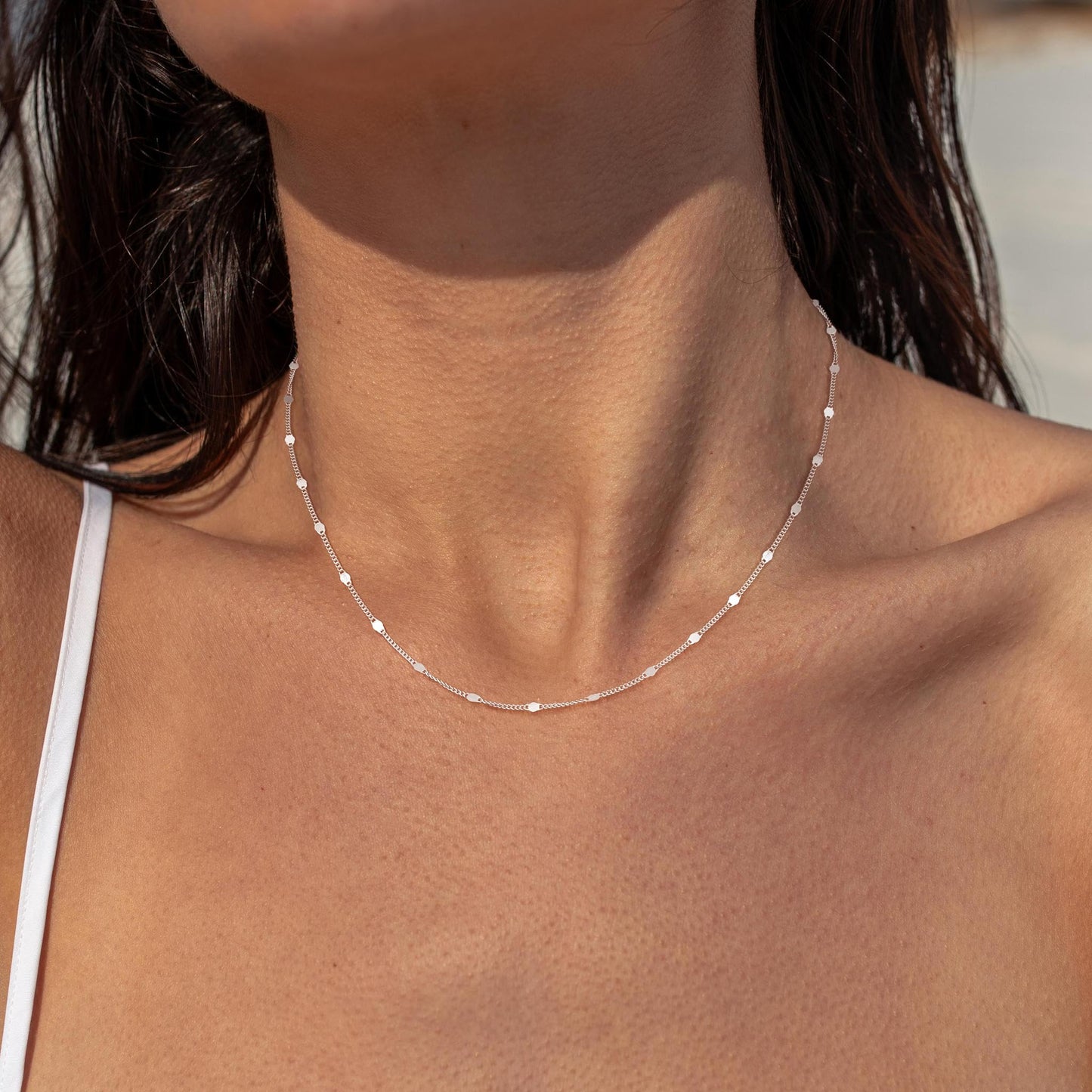Freekiss 925 Sterling Silver Chain Necklace for Women Trendy 16+2 Inch Classic Simple Dainty Choker Dot Chain Necklace Adjustable Layered Silver Jewelry Gift