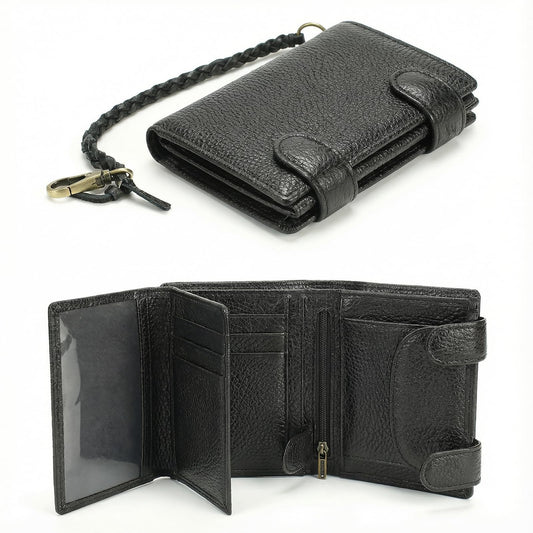 Mewpurrs Mens Genuine Leather Trifold Wallet, RFID Blocking Vertical Wallet with Wrist Strap, Zipper Coin Pocket, 15 Card Slots, Black