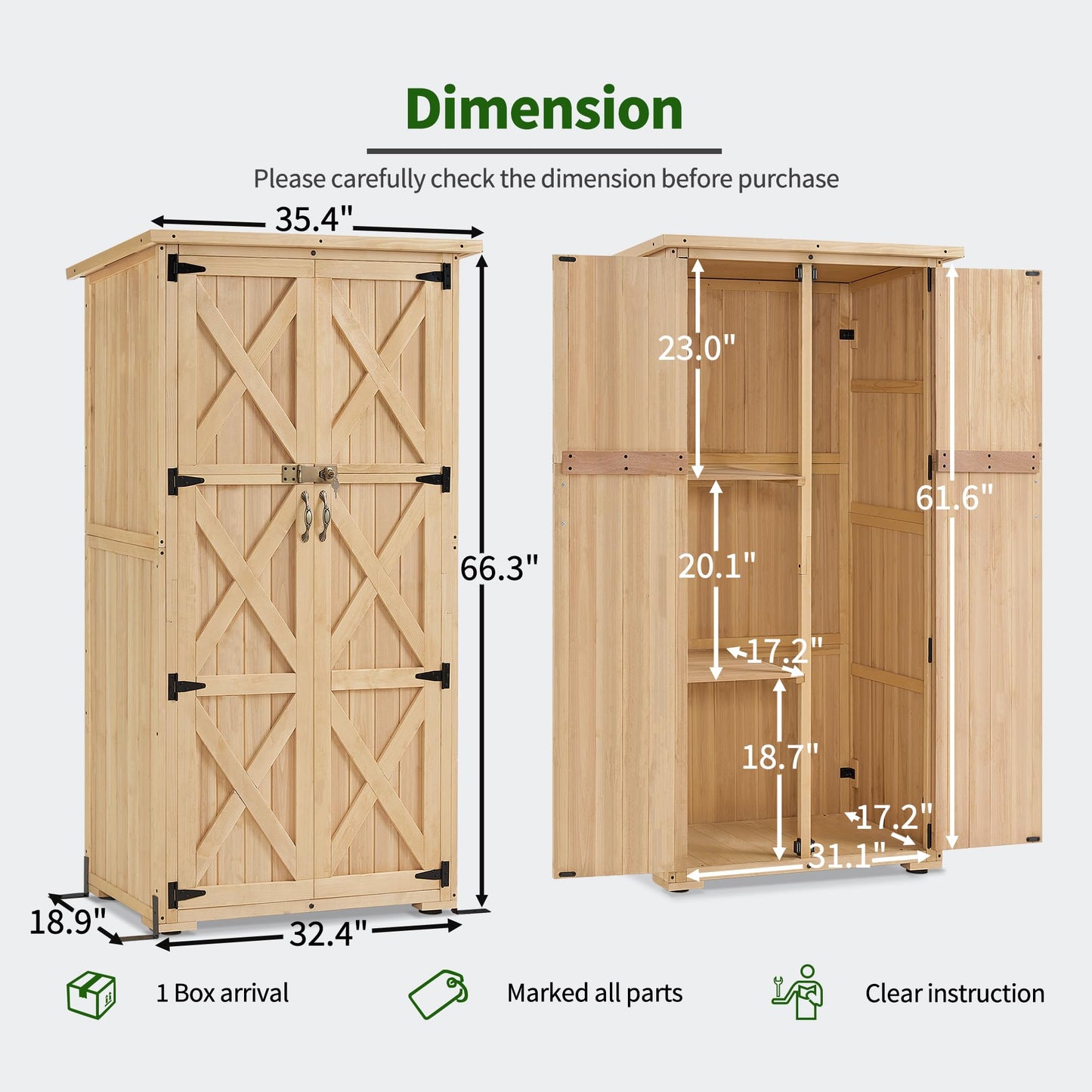 Macrout Outdoor Storage Cabinet, Wooden Storage Shed with Lock, Outside Garden Tool Shed with 2 Doors for Patio Yard Lawn, 1628 (Medium)