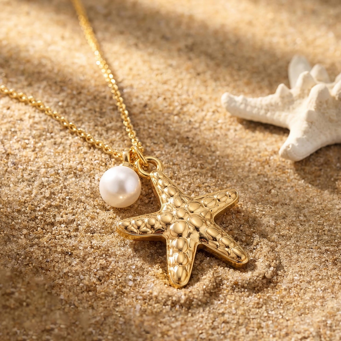 MYEARS Women Gold Necklace Starfish Pendant Pearl Bead 14K Simple Dainty Cuban Chain Everyday Summer Beach Jewelry