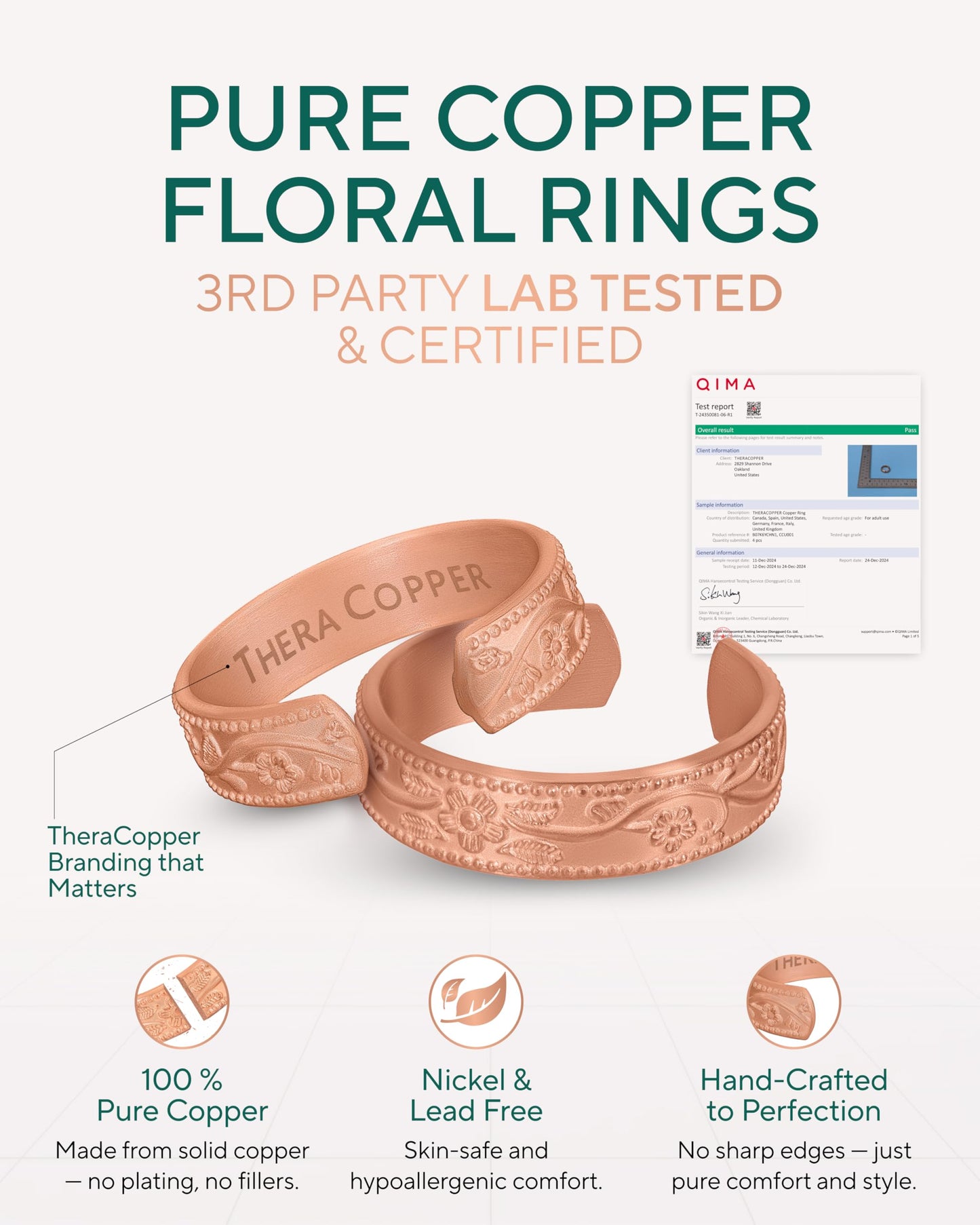 TheraCopper Pure Copper Rings for Women (2-Pack) — 100% Pure Copper Ring — Raw, Solid & Uncoated Authentic Handmade Open-End Adjustable Ayurvedic Jewelry Rings (6mm Floral)