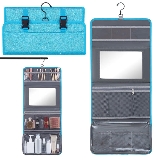 Sunnymove Travel Hanging Toiletry Bag with Mirror Leather Travel Hanging Mirror Foldable Dance Competition Makeup Bag Backstage Cosmetic Organizer for Traveling Dancers Spa(Glitter,Blue)