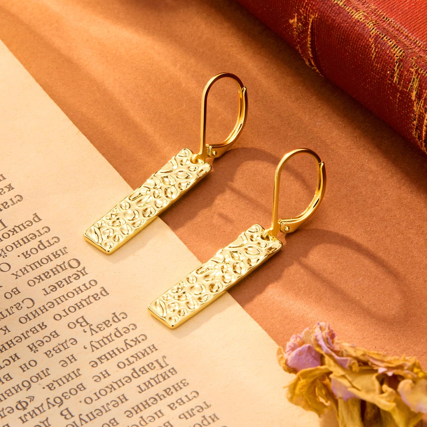 ALEXCRAFT Gold Dangle Drop Earrings for Women, 14K Goldplated French Hook Leverback Earrings, Lightweight Trendy Earing Gold Long Chunky Hammered Square Bar Drop Earing for Women Statement Jewelry