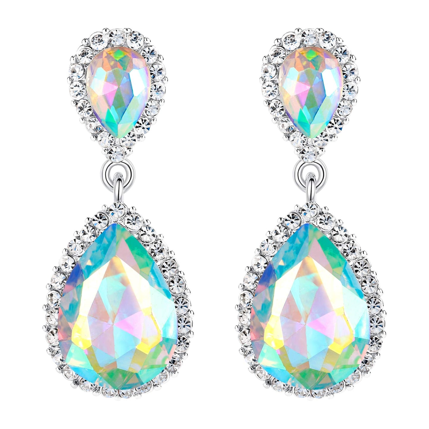 EVER FAITH Women's Austrian Crystal Wedding Tear Drop Dangle Earrings for Bride Iridescent AB Silver-Plated-Base