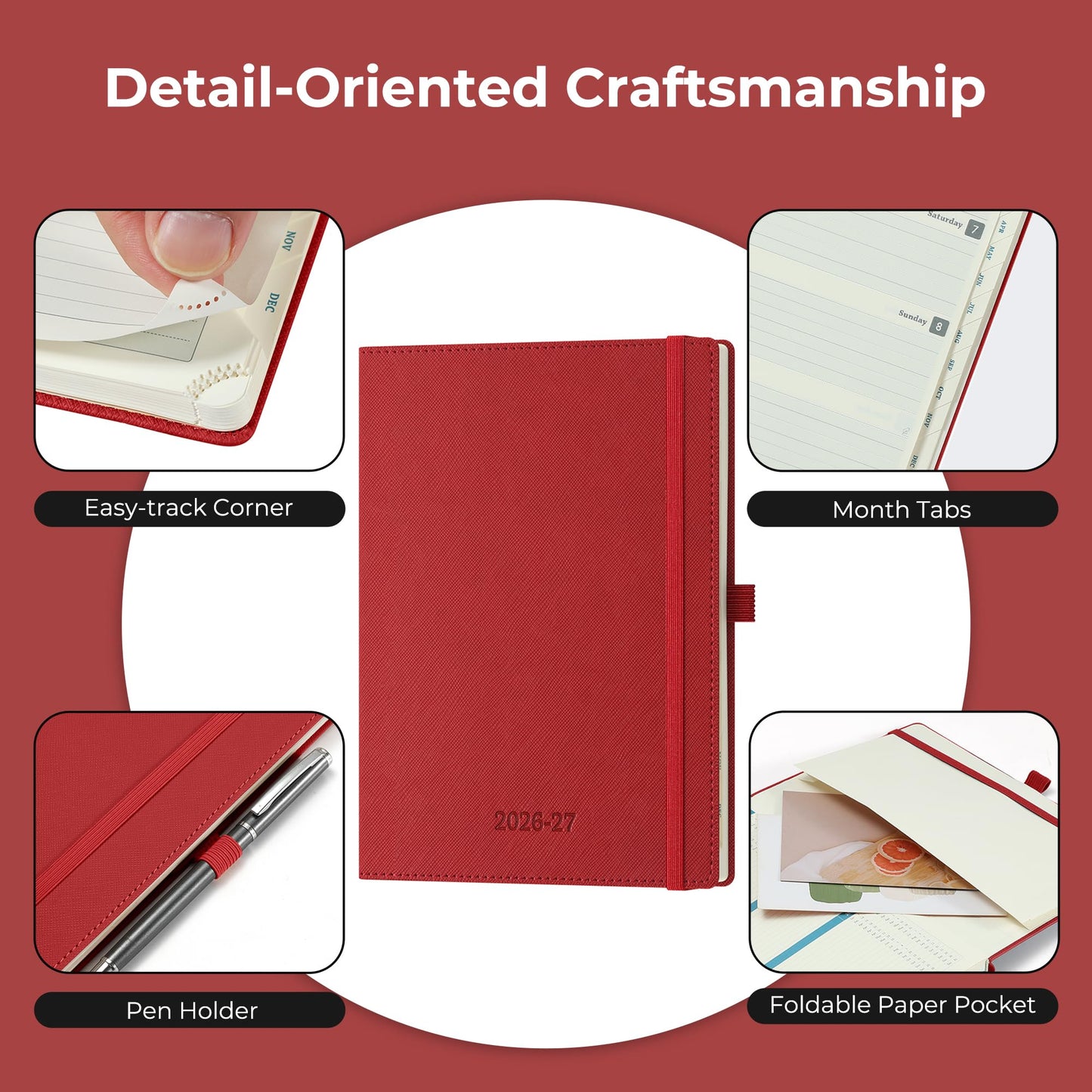 IN-LUXPRO Weekly Monthly 2026-2027 Planner (July 26-Dec 27),8.5"x6.5",18 Months Agenda Plan with Month Tabs & Pocket,Expenses/Note Pages, Academic Calendar with Vegan Leather Cover,Red